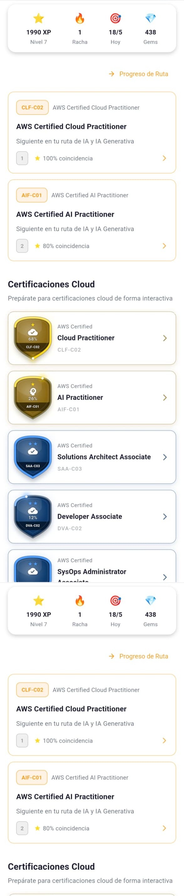 Pantalla de inicio de CertiCloud: XP, racha diaria, gems y las certificaciones recomendadas.
