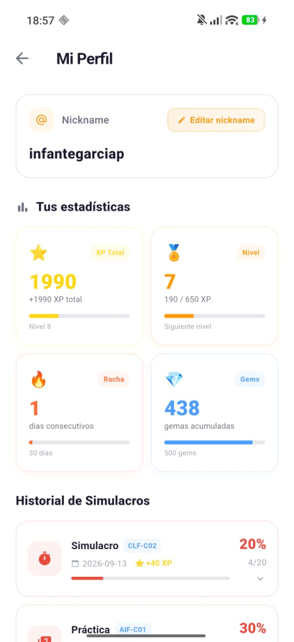Pantalla de CertiCloud con el ranking de estudiantes y el progreso acumulado.