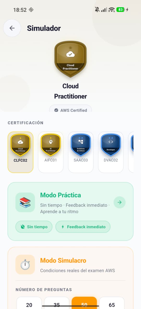Pantalla de CertiCloud resolviendo una pregunta de práctica de AWS con varias opciones de respuesta.