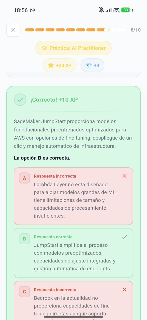 Pantalla de CertiCloud mostrando la explicación detallada de cada opción tras responder una pregunta.